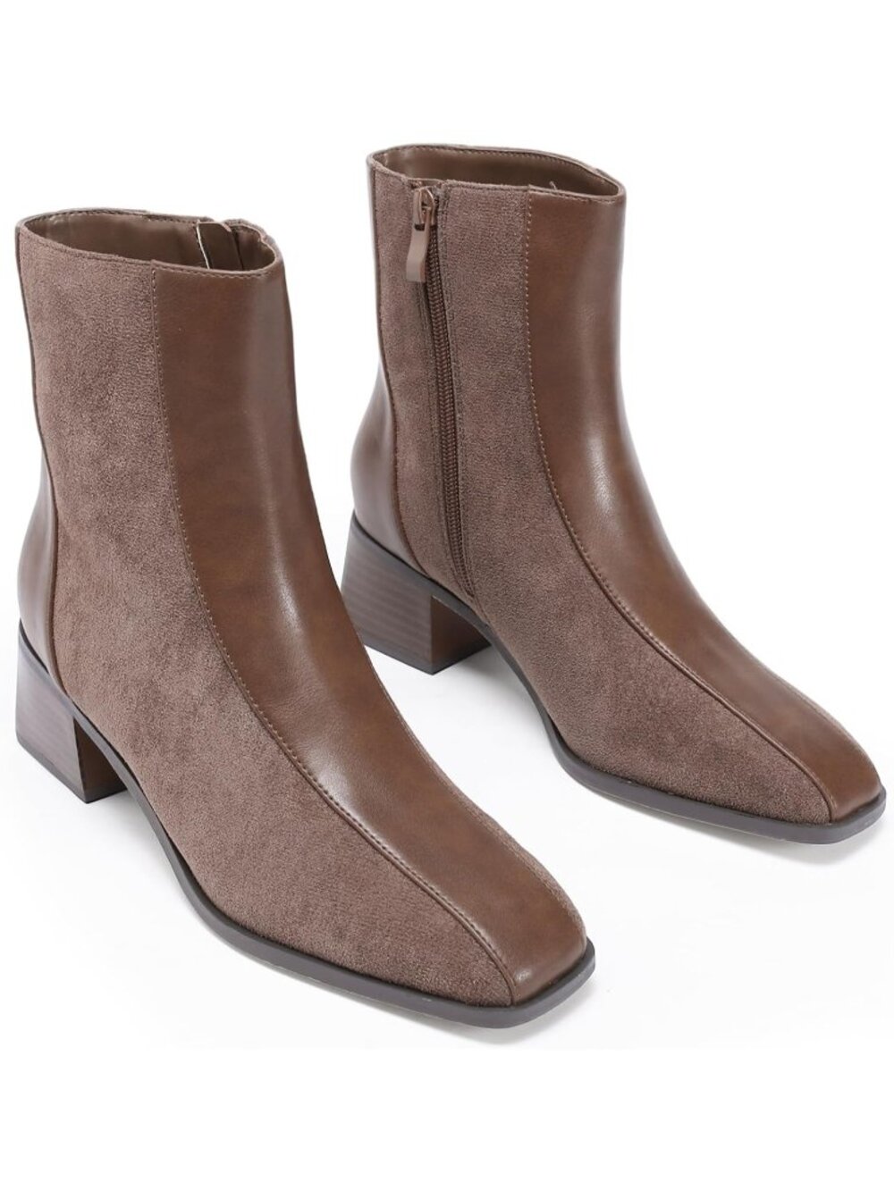 Women's Brown Square Toe Chunky Heel Side Zipper Patchwork Pu Slip On Ankle Boot